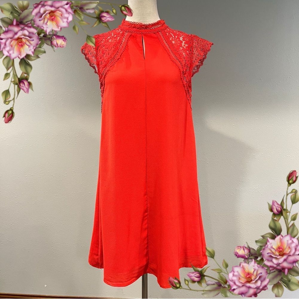 She+Sky Red high neck a-line mini Dress with lace details size small‎